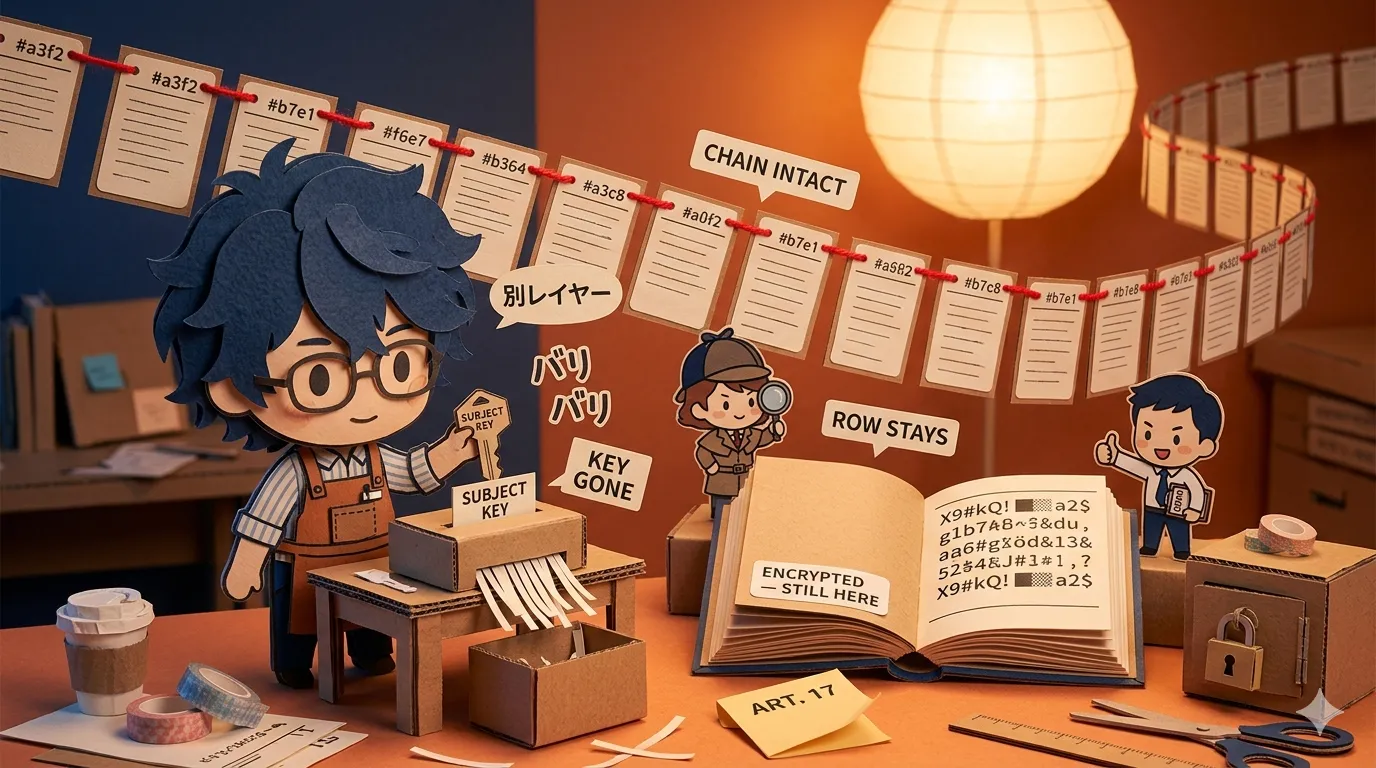A chibi engineer feeding a paper-cutout subject key into a tiny cardboard shredder while an intact ledger book of encrypted rows and an unbroken chain of paper ledger cards stay calm on the workbench, watched by approving regulator and GDPR chibi figures