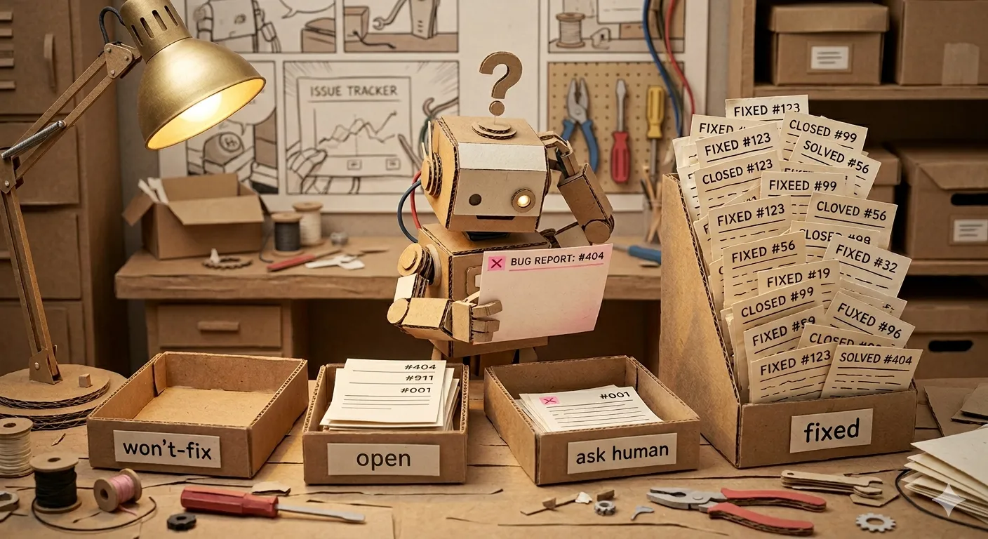 A cardboard robot triages bug reports into won't-fix, open, ask-human, and fixed boxes