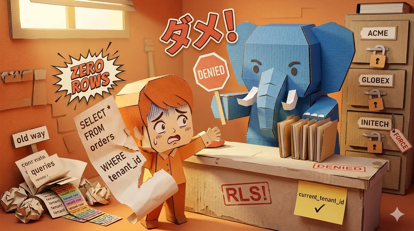 A chibi developer holding a SQL query scroll being refused by a paper Postgres elephant guarding labeled, padlocked tenant drawers