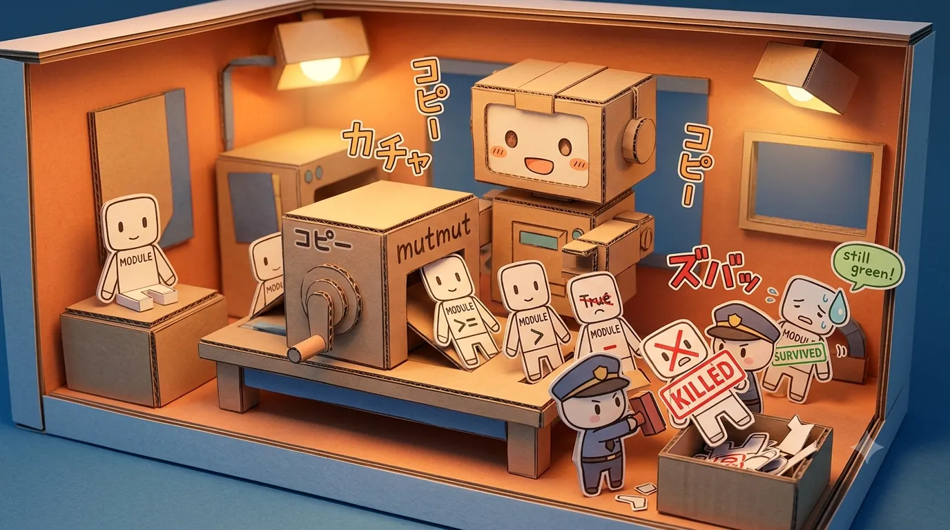 A chibi paper-craft robot cranking a mutmut clone machine that spits out near-identical paper MODULE cutouts, each with one tiny difference; test-guard characters stamp most KILLED while one slips past labeled SURVIVED