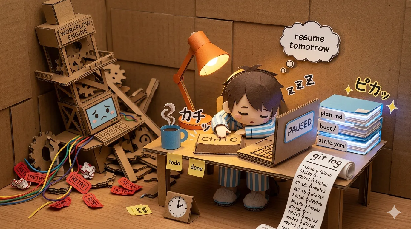 A sleepy chibi developer presses Ctrl+C on a paper laptop while a cardboard workflow engine tower collapses behind, paper files and a git log scroll stay intact on the desk