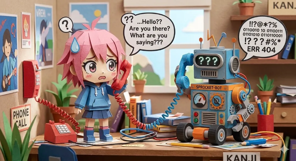 A confused character trying to communicate with a robot that responds with gibberish and ERR 404